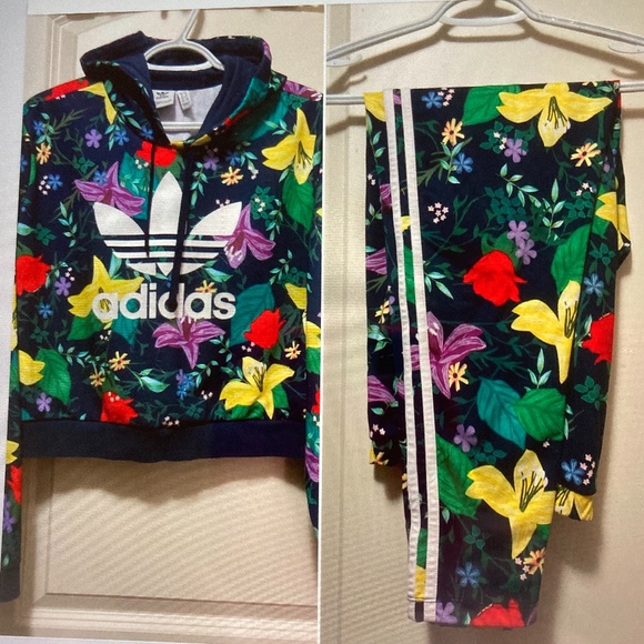 Adidas Crop Floral Hoodie L & Matching Leggings XL
